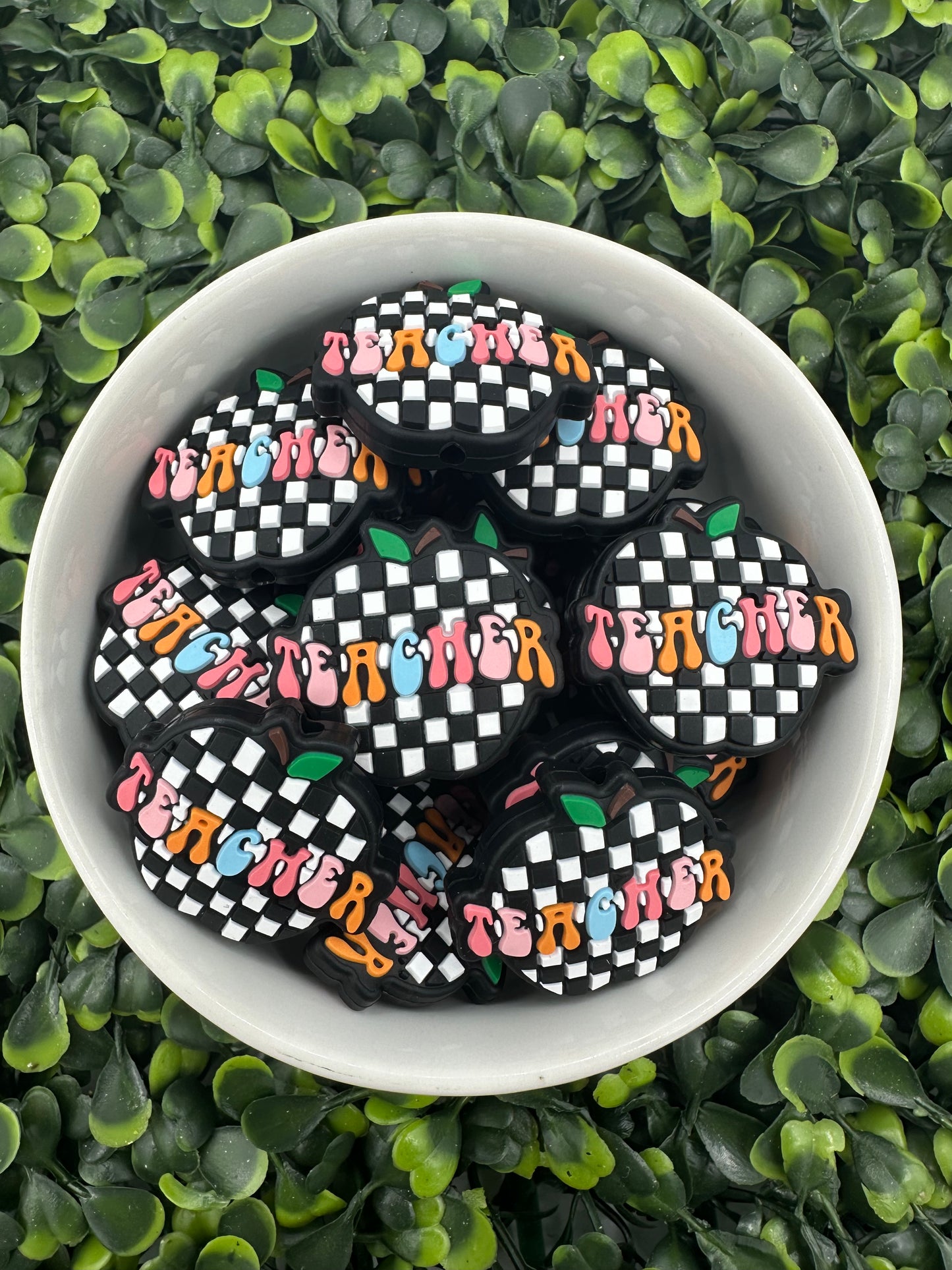 Checkered Teacher Apple Silicone Focal Bead